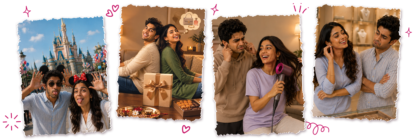 Four playful Rakhi sibling moments, from a theme-park trip to gifting and teasing at home and in a jewellery store